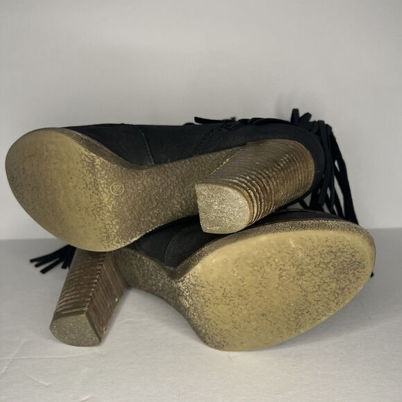 Bucco Black Fringe Block Heel Side Zip Booties Size 8 - Picture 8 of 9